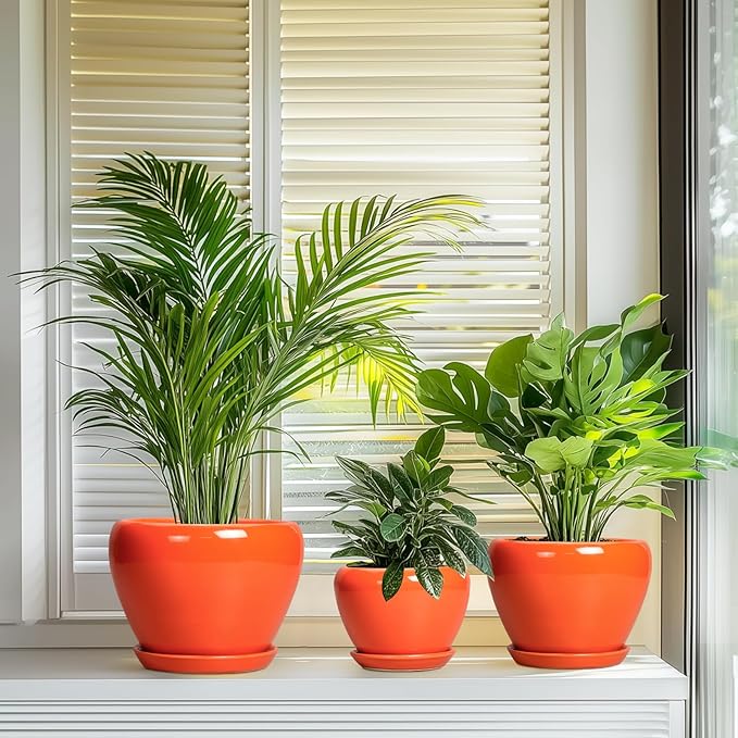 Ceramic Planter - 10 Inch 8 Inch 6 Inch Plant Pot with Drainage Holes and Saucers, Round Planters for Indoor Outdoor, Modern Flower Pots, House Garden Room Decor, Gardening Gifts, Orange