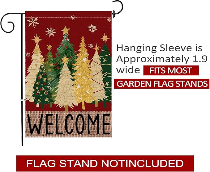Merry Christmas Garden Flag, Christmas Trees Yard Flag 12x18 Double Sided Red Outdoor Decorations, Winter Trees Holiday Decor Welcome Burlap Garden Flag Rustic Outdoor Farmhouse Xmas for Porch Yard