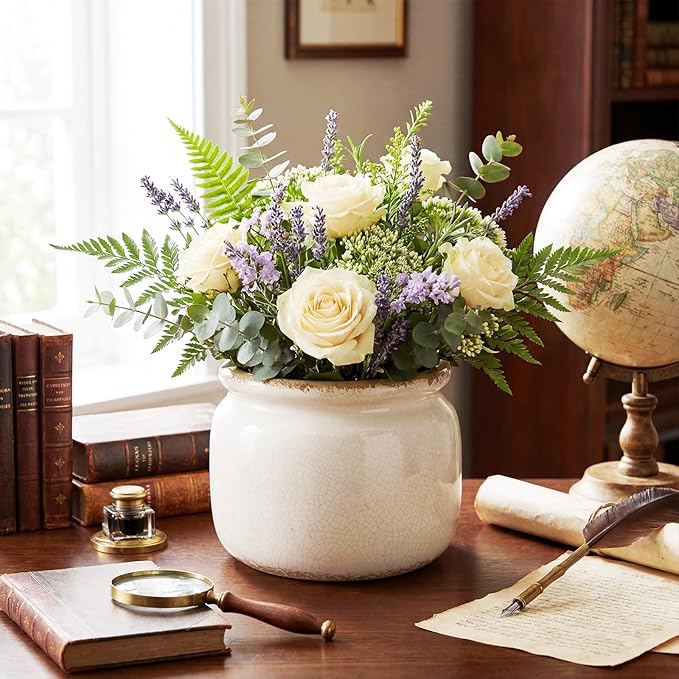 7.7″ Large Vintage Ceramic Plant Pot Pure Beige Rustic Planter with Ice Crackle Glaze & Drainage Hole for Indoor Outdoor Plants Farmhouse Home Kitchen Office Decor Gift for Women Teacher