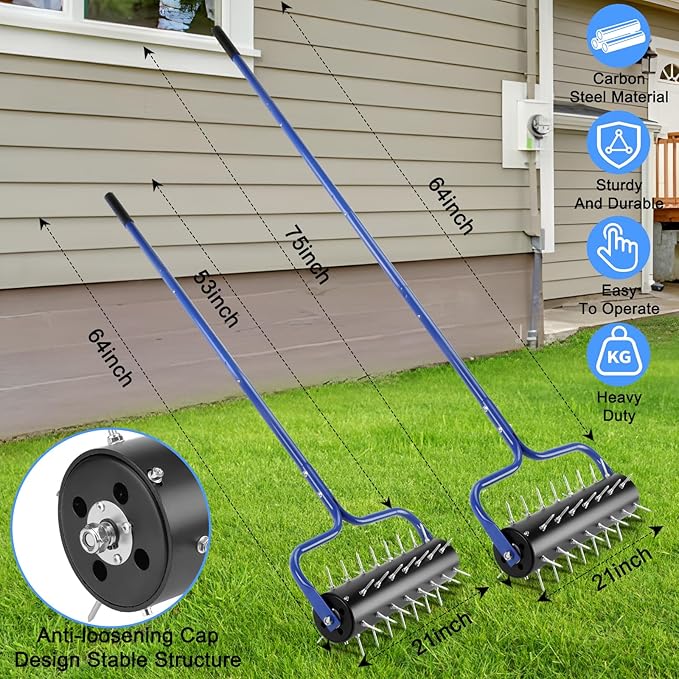 21" Rolling Lawn Aerator, 45 Preassembled Spikes, Only Needs 3-5 Minutes to Assemble, No Looseness, No Bending, No Need to Add Weight, 75" Long Handle with Quick Clip Connections - Blue