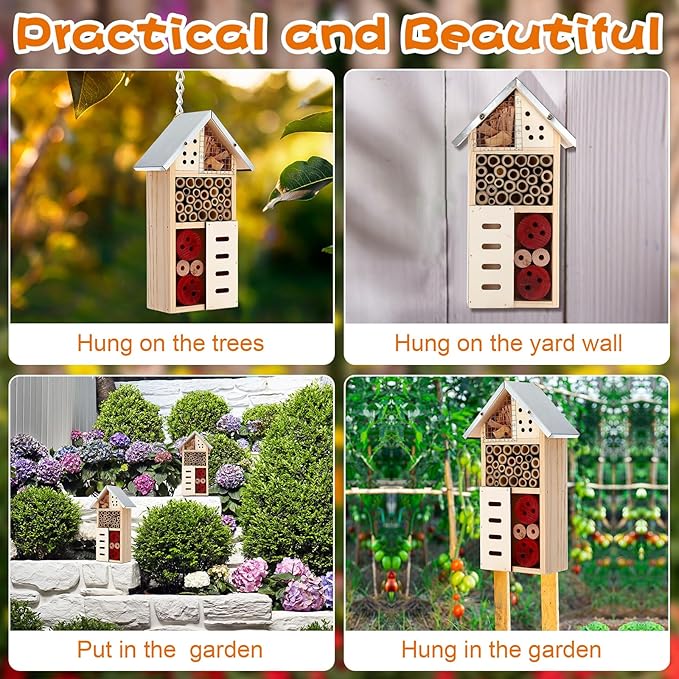 Maitys 3 Pcs Wooden Mason Insect Bee Hotel Butterfly House Natural Ladybug House Bug Hotel for Garden Outdoor Butterfly Ladybugs Live Bee Box Attracts Pollinators, 10 x 5.5 x 2.5 Inch
