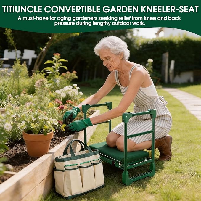 Garden Kneeler and Seat for Seniors: Heavy Duty 420 LBS Support Anti-Tip Multifunctional Gardening Stool Bench with Widened Thick Soft Kneeling Pad &Tool Bag - Foldable for Gardeners