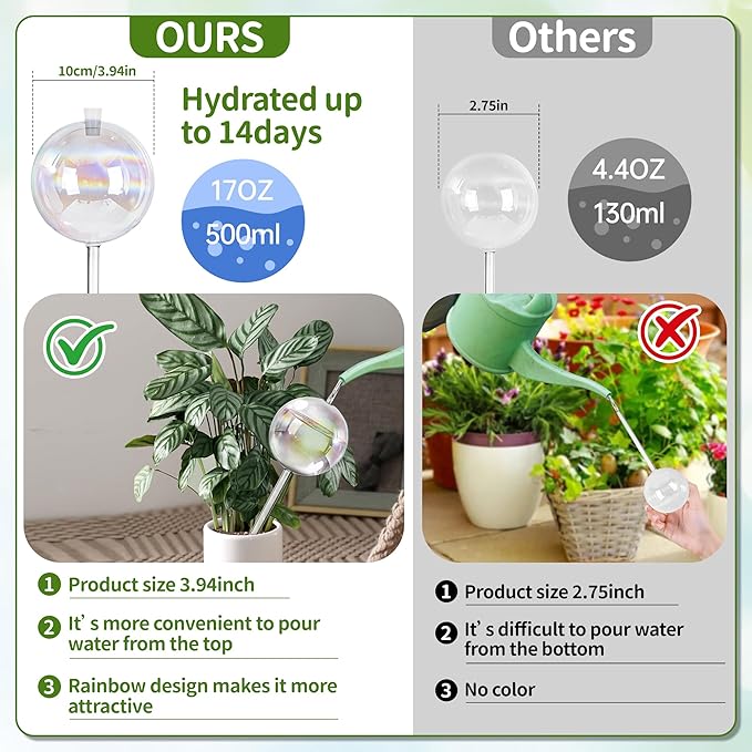 17 oz Up 2 Weeks Extra Large Plant Watering Globes, Self Watering Planter Insert, Iridescent Glass Self Watering Globes, Vacation Plant Watering Devices, Automatic Watering Bulbs (Large 2-Pack)