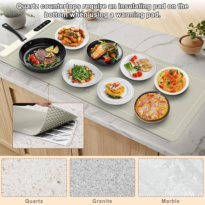 FYY Extra Large Warming Mat for Food - Rapid and Full Surface Heating, 6 Temp Settings, 6H Timer, Rollable Portable Food Warming Mat for Gatherings, Parties, Keep Meal Warm (XX Large Size, Khaki)