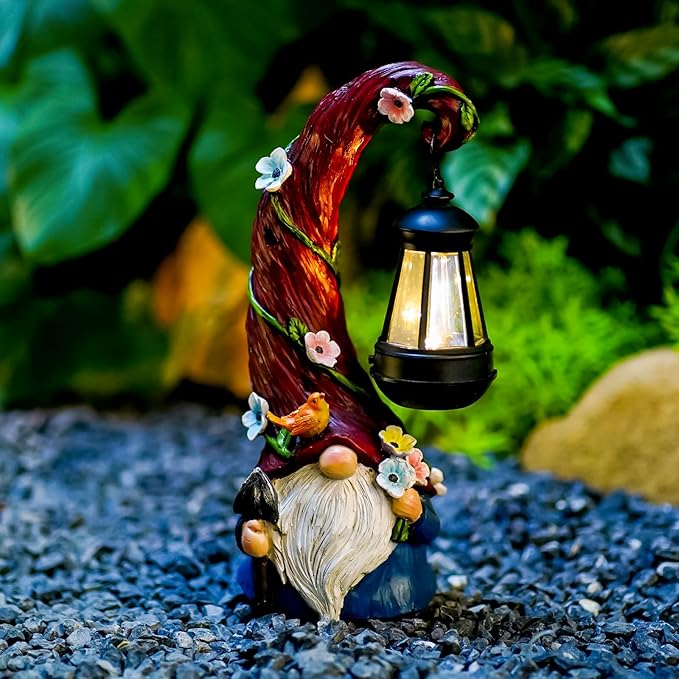Large Gnome Garden Decor Statue Solar Gnomes Decorations for Yard with Lantern Light Outdoor Decorations for Patio Mom Gift