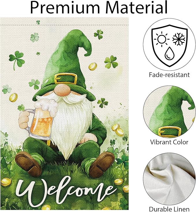 St Patricks Day Gnome House Flag 28x40 Inch Double Sided,Lucky Shamrocks Large Burlap Flag Welcome Irish Holiday Yard Outdoor Decor
