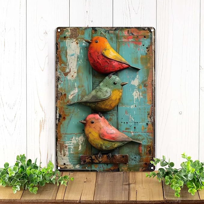 Vintage Cute Birds Metal Sign Retro Bird Tin Plate Wall Decor Rustic Tin Painting for Home Bedrooms Yard Bars Pubs Gardens Patios Porches 8x12 Inch