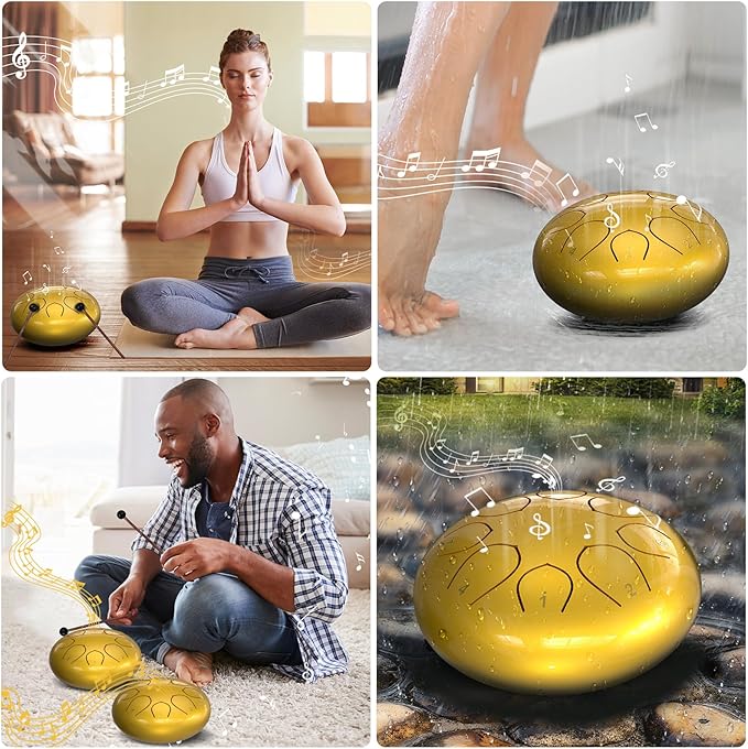 Rain Drum for Outside Garden, 6 Inches 8 Notes Steel Tongue Drums, Waterproof Meditation Rain Chime, Musical Instruments for Adult Gift with Bag, Music Book, Mallets (Gold)