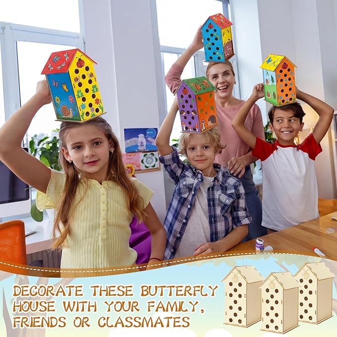 DoubleFill 12 Pack Wood Ladybirds House Painting Crafts Kits My First Ladybugs House DIY Art Craft Kit with Hemp Rope DIY Cedar Wooden Birdhouse for Building Bee Butterfly Habitat, No Paint