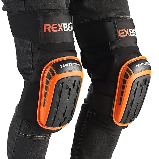 REXBETI Knee Pads for Work, Construction Knee Pads for Men, Heavy Duty Comfortable Anti-slip Foam Gel Knee Pads for Gardening Flooring and Cleaning, Strong Stretchable Straps, Orange