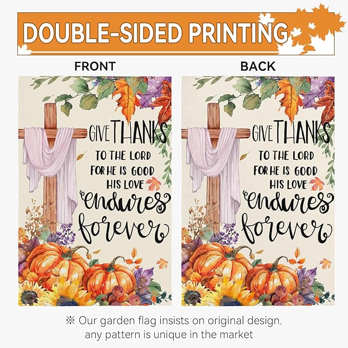 Thanksgiving Garden Flag 12x18 Inch Double Sided Give Thanks to The Lord Cross Yard Garden Flags Burlap Outdoor Fall Pumpkins Flag Holiday Decorations for Outside Home