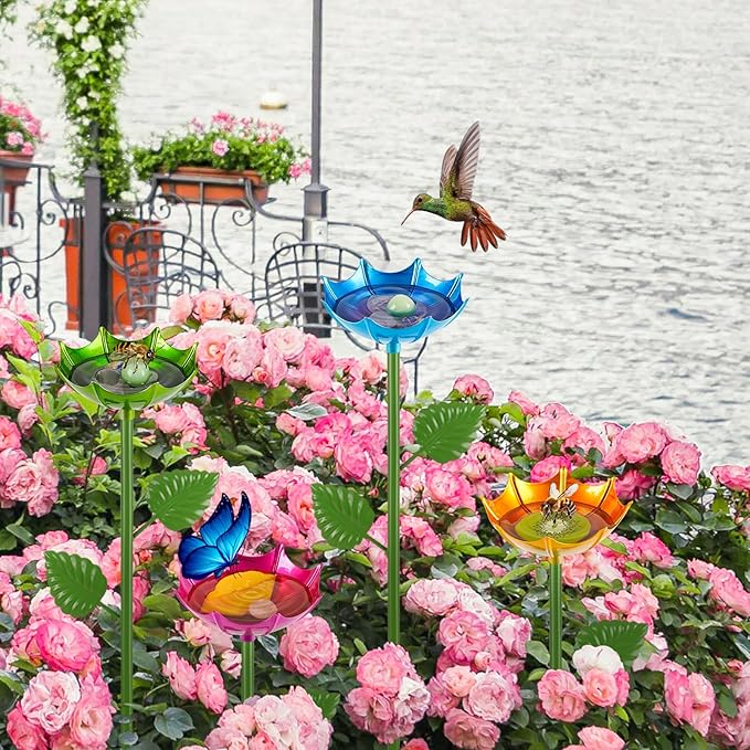 Bee Watering Station | 4 Pack Butterfly Feeder for Outside | Metal Decorative Garden Stakes | Bee Baths for Garden Yard Decor Umbrella Design (Red,Green,Blue,Yellow)