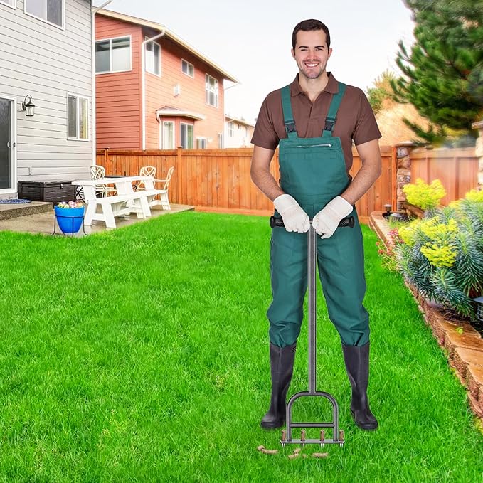 Dolibest Lawn Coring Aerator, 4 Stainless Steel Corer Plug Aerator Tool with Soft Rubber Grip, Manual Grass Aerating Tool, Garden Tool & Cleaning Hand Tool for Loosening Soil and Improving Lawn Health