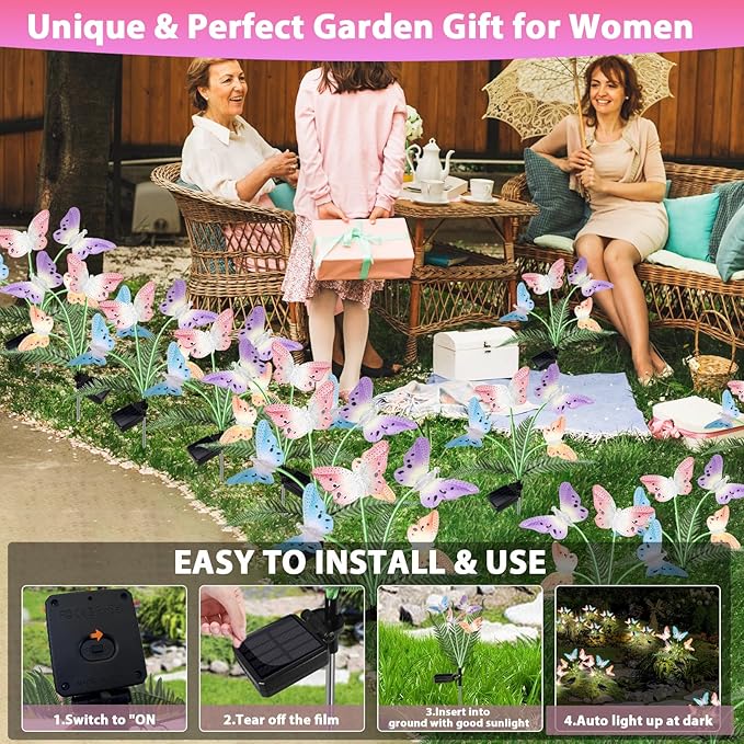Solar Garden Lights 4 Pack Waterproof Decorative Solar Lights Outdoor with Glowing Stems,7-Color Changing Fiber Optic Butterfly Light for Outside Yard Lawn Garden Decor, Gifts for Women