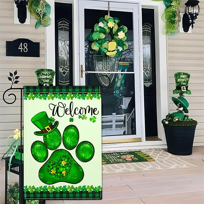 Welcome St Patricks Day Garden Flag Shamrock Irish Dog Paw Garden Flag Happy St Patrick's Day Yard Garden Flags for Outside 12×18 Inch Double Sided Outdoor House Holiday Decorations