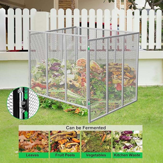 Large Compost Bin Outdoor - 172Gallon Metal Wire Mesh Compost Bins with Rust-Proof Coating, Easy to Assemble Square Garden Compost Bin for Yard Waste, Leaves & Kitchen Scraps, 37x37x30 Inches Gray