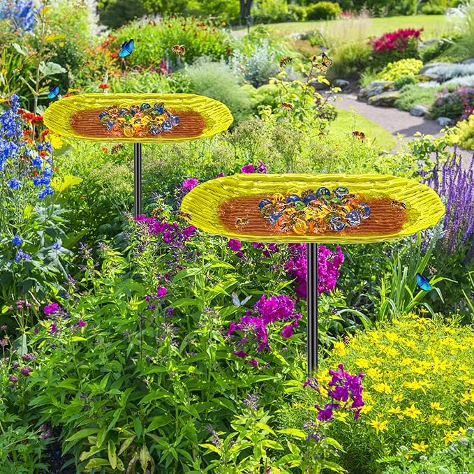 Bee Watering Station, Metal Butterfly Water Feeder with 30 Colorful Glass Marbles, Bee Waterer Feeder for Butterfly Bird Garden Outdoor Decors (Yellow Orange)