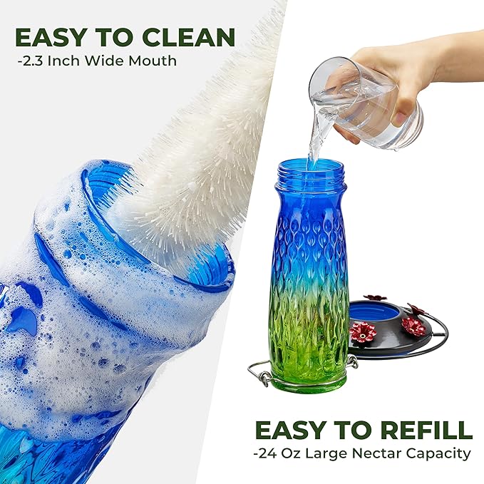 Kingsyard Hummingbird Feeders for Outdoors Hanging, 24 Ounce, Glass Hummingbird Feeder with Ant Moat & 6 Bee Guard Feeding Ports, Leak-Proof, Green & Blue
