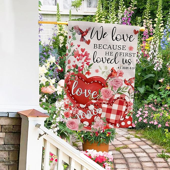 Valentines Day Flag, Valentine's Day Outdoor Decor We Love Because He First Loved us Yard Flag 28x40 Double Sided Red, Valentine Decorations Burlap House Flags Rustic Welcome Outdoor Farmhouse