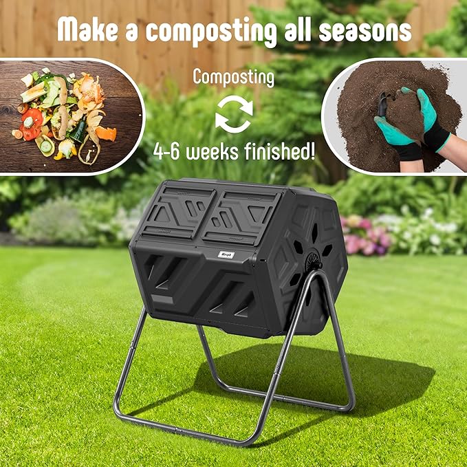 43 Gallon Compost Bin with Gloves, Fast Assembly & Easy Setup Outdoor Compost Tumbler, Updated Dual Chamber Tumbling Composter for Garden, Kitchen, and Yard Waste, Black