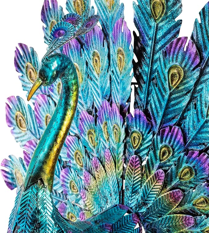 Alpine Corporation 23" Tall Outdoor Metallic Peacock Tail Spread Yard Statue, Vibrant Garden Sculpture for Patio, Lawn, or Entryway, Multicolor