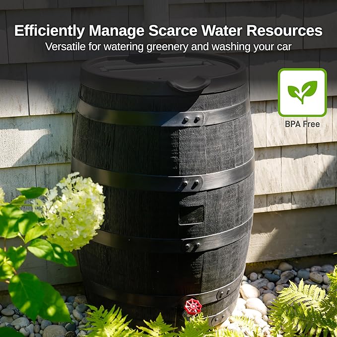 RTS Home Accents Premium 55-Gallon Eco Rain Barrel with Removable Lid, Flat Back Rain Water Collection Barrel, Made with 100% Recycled Plastic, Black