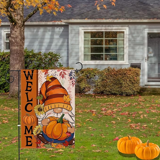 Fall Gnome Garden Flag, Fall Decor Gnomes Yard Flag 12x18 Double Sided Autumn, Autumn Garden Flags Pumpkin Leaves Signs Home Decorations Rustic Welcome Outdoor Farmhouse Thanksgiving