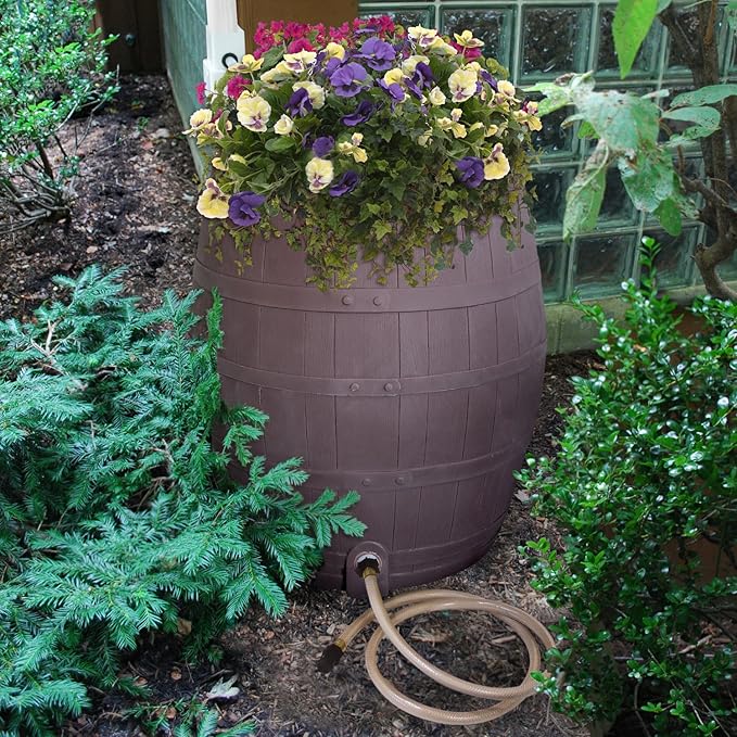 Rescue 50-Gallon Whiskey Rain Barrel – Includes Planter, Rain Water Diverter, Outlet Hose – Flatback Design – Brown