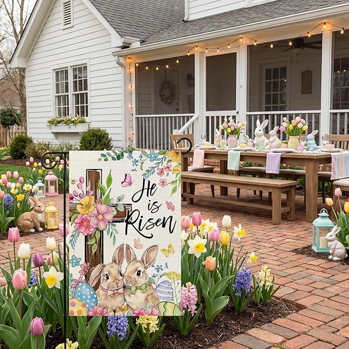 CROWNED BEAUTY Easter Garden Flag He is Risen Cross Bunnies 12x18 Inch Double Sided Floral Holiday Decoration for Outdoor Lawn Yard