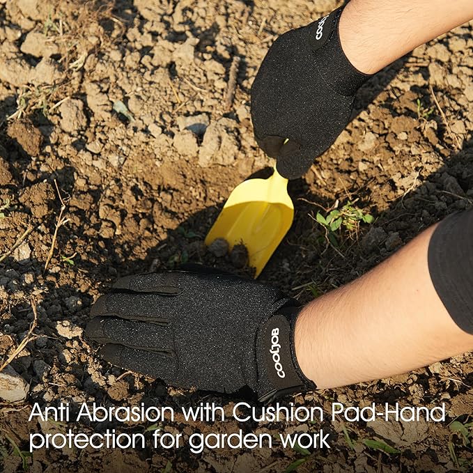 COOLJOB Thorn Proof Garden Gloves with Touchscreen Fingers for Men, Rose Pruning Work Gloves with Palm Cushion for Gardener, Farmer and Landscaper (Black 1 Pair Medium)