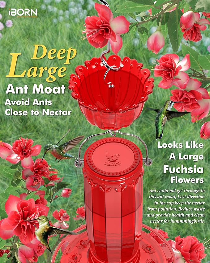 iBorn Hummingbird Feeders for Outdoors Hanging with Ant Moat for Hummingbird Feeder Glass 12 Ports for 16oz Hummingbird Nectar, Red Glass, Pack of 2