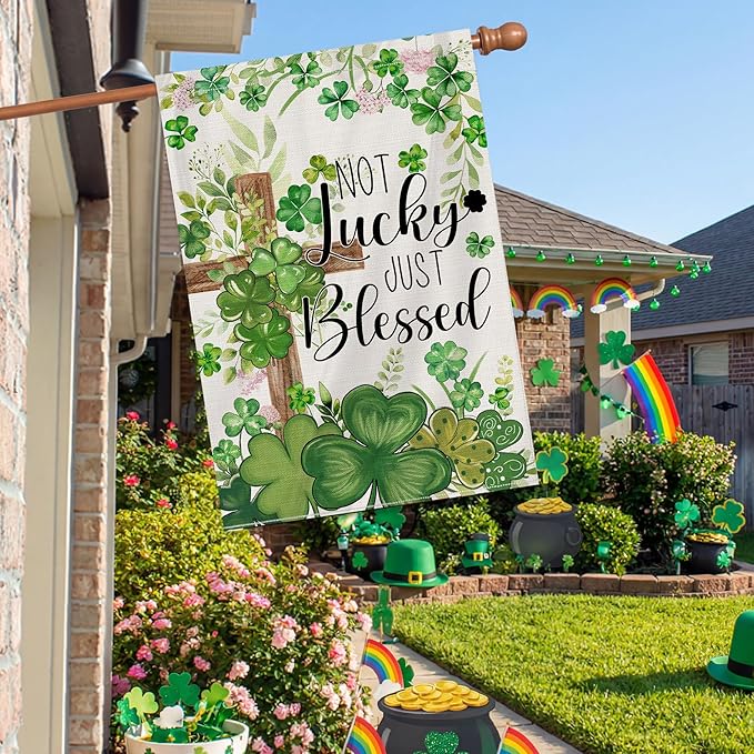St Patricks Day Flag 28x40 Inch Double Sided Outside, Not Lucky Just Blessed Shamrocks Clovers Cross Burlap Flag Decorations Outdoor Yard Decor