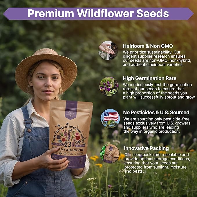 Organo Republic 23 Wildflower Seeds Annual & Perennial Mix for Indoor & Outdoors, Attract Birds & Butterflies 25,000+ Non-GMO, Heirloom Garden Seeds, 1oz Packet for Growing Wild Flowers