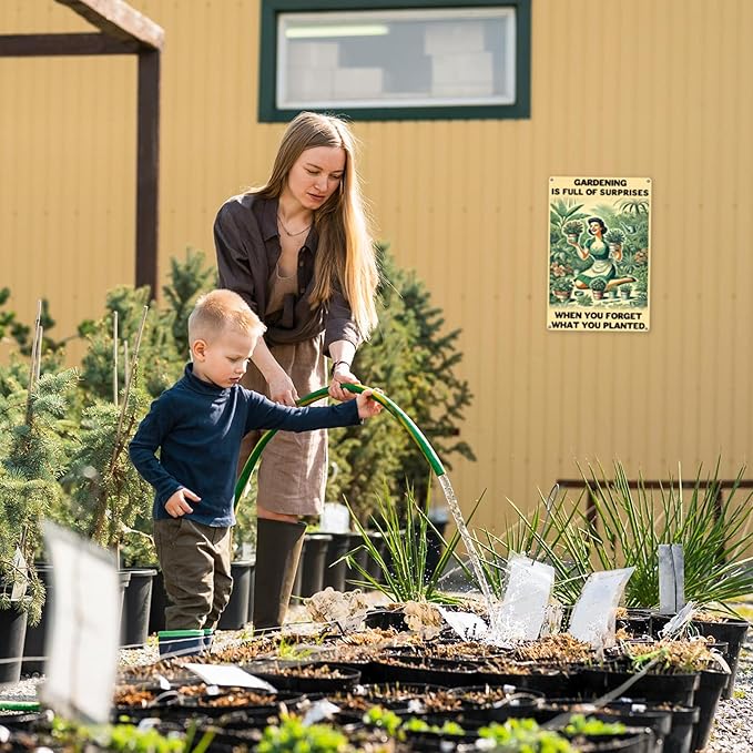 Funny Garden Decor Sign – Gardening Gifts for Women, Garden Decor Aluminum Outdoor Sign, Gardening Is Full of Surprises, Yard & Patio Gifts for Plant Lovers & Gardeners 12" x 8"