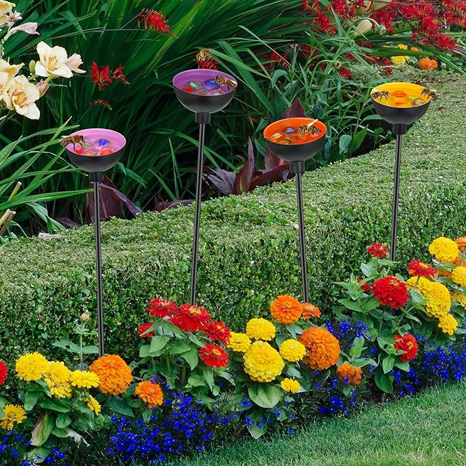 4 Pcs Bee Watering Station Butterfly Water Catcher Cups Small Insects Bee Feeders for Outside Feeding and Watering Metal Garden Stakes Garden Sculpture Decor