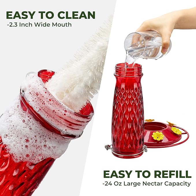 Kingsyard Hummingbird Feeders for Outdoors Hanging, 24 Ounce, Glass Hummingbird Feeder with Ant Moat & 6 Bee Guard Feeding Ports, Leak-Proof, Red