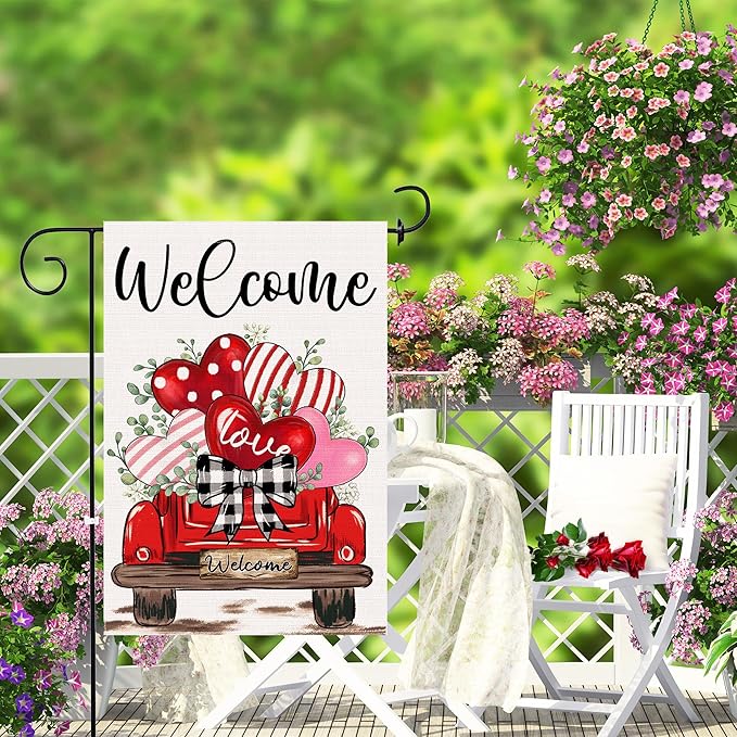 Valentine's Day Garden Flag, Valentines Flag 12x18 Double Sided Decorations, Red Truck Small Flag for Outdoor