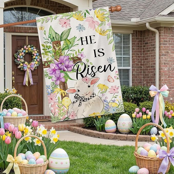 Easter Flag 28x40 Inch Double Sided Outside, He Is Risen Easter Flag Burlap Lamb Flowers Cross Decorations Outdoor Yard