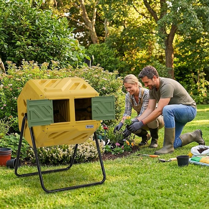 Updated 43 Gallon Dual-Chamber Compost Bin, Fast Assembly Outdoor Compost Tumbler, Rotating Batch Composter Bin with Gloves for Garden, Kitchen, and Yard