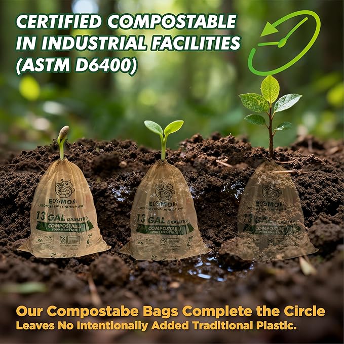 EcoMokii 13 Gallon Compostable Trash Bags with Drawstring, 30 Count, 49.2 Liter, 1.2 Mil Heavy Duty Extra Thick Large Kitchen Garbage Bin Liners, Compost Food Scraps Bag, BPI (ASTM D6400)