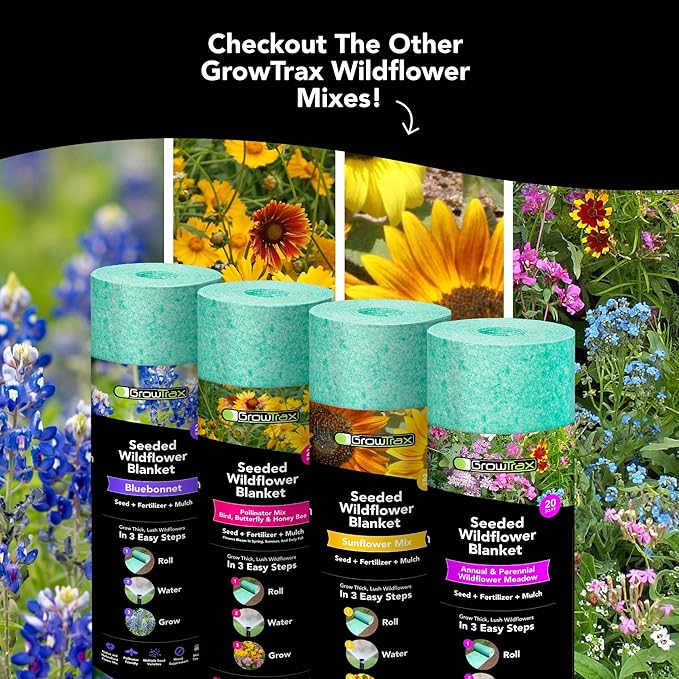 Growtrax Pollinator Wildflower Seed Mix & Sunflower Blend - 40 sq ft - Easy Plant Seeds & Flower Bulbs - Spring Mix, Zinnia, Tulips, Bluebonnet - Attracts Bees, Eden-Like Garden in Sun-Partial Shade