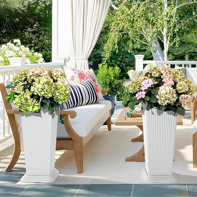 Set of 4 24" Tall Plastic Planters with Trays, Large Tapered Plant Pots for Indoor Outdoor Use, Modern Decorative Planters for Porch, Patio, Garden, and Backyard