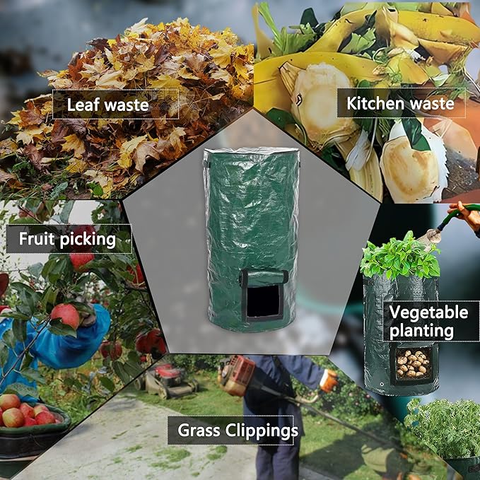 Compost Bin Bags 34 Gallon Garden Compost Bags Outdoor Reusable,Organic Waste Garden Yard Compost Bag Collapsible Leaf Lawn Bags Gardening Container (Green 2pcs)