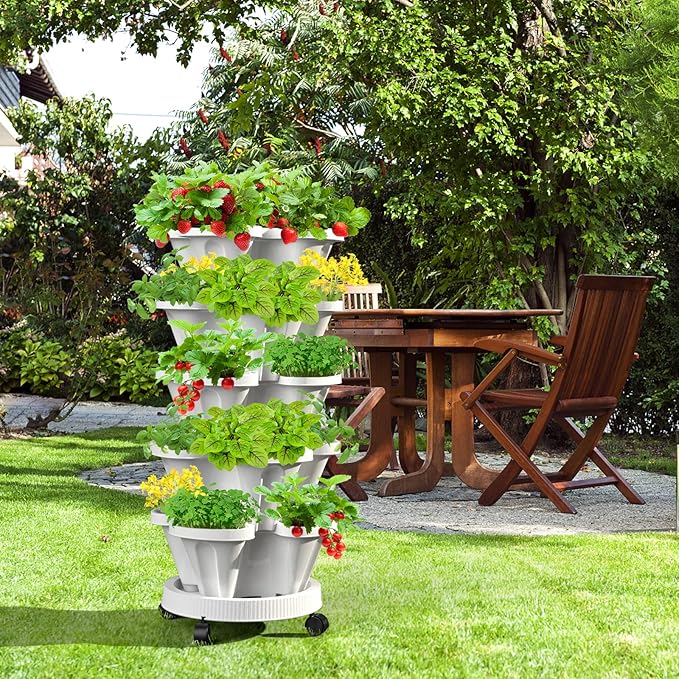 Strawberry Vertical Planter 2 Pack, 7 Tiered Stacking Garden Tower, Stackable Herb Vegetable Planters with Support Pole Indoor Outdoor Black