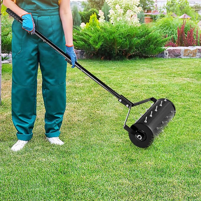 Goplus Rolling Lawn Aerator, 18-Inch Garden Yard Rotary Push Tine Filled Sand Stone, Heavy Duty Spike Soil Aeration w/Metal Handle, Fillable Drum 51" Manual Lawn Aeration Tool Garden Grass Patio Yard