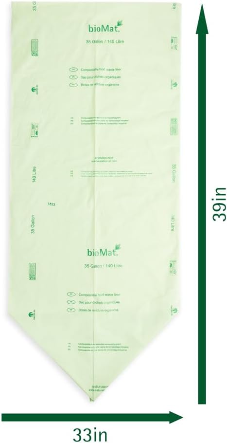 bioMat 35 Gallon Compostable Trash Bags, 10 Count, Biodegradable Kitchen Food Scrap Waste Bags, BPI ASTM D6400 and CMA Certified Tall Kitchen Compost bags for Food Waste