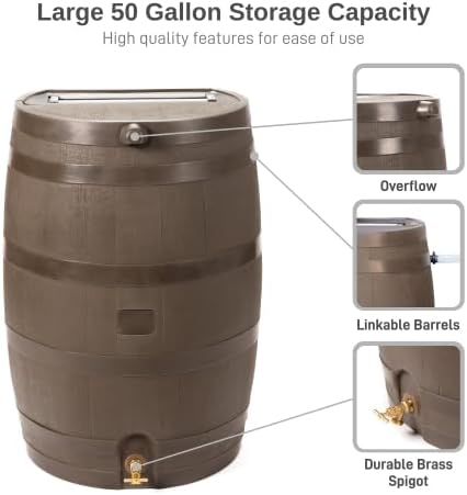 RTS Home Accents 50-Gallon Rain Barrel, Flat Back Rain Water Collection Barrel, Stand and Link Kit Included, Walnut Color (2 Pack)