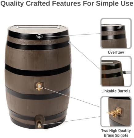 RTS Home Accents 50-Gallon Dual Spigot Rain Barrel, Flat Back Rain Water Collection Barrel, Stand Included, Woodgrain with Black Stripes