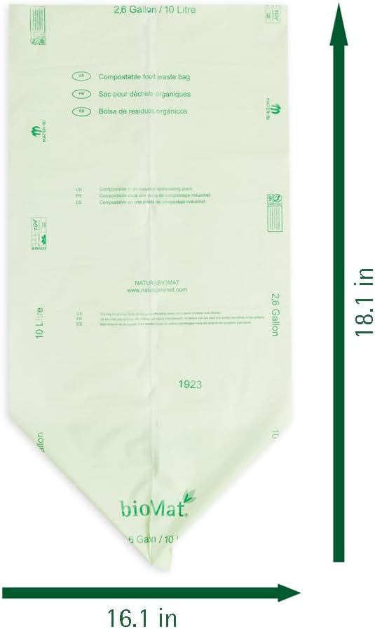 bioMat 2.6 Gallon Compostable Food Scrap Bags, 125 Count, Compost Bags for Countertop Bins, BPI ASTM D6400 and CMA Certified Small Trash Bags