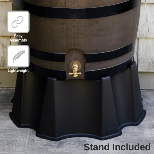 RTS Home Accents 50-Gallon Rain Barrel, Flat Back Rain Water Collection Barrel, Stand Included, Woodgrain with Black Stripes